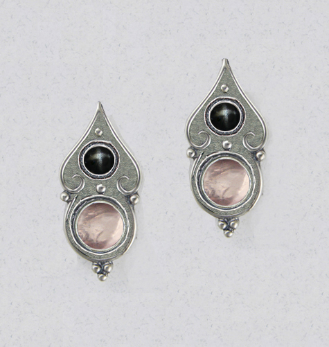 Sterling Silver Gothic Look Post Stud Earrings With Rose Quartz